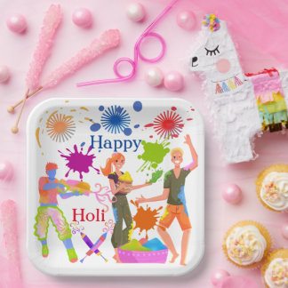 Cute Colorful kids playing Holi Party Paper Plates