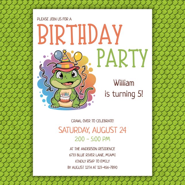 Cute Colorful Kids Reptile Theme Birthday Party Invitation (Creator Uploaded)