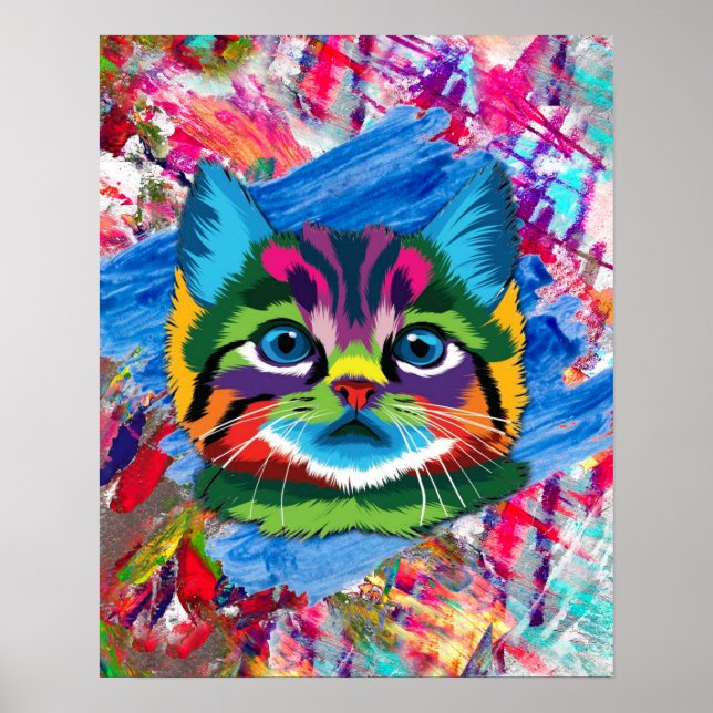 Cute Colorful Kitten Cat Whimsical  Poster (Front)
