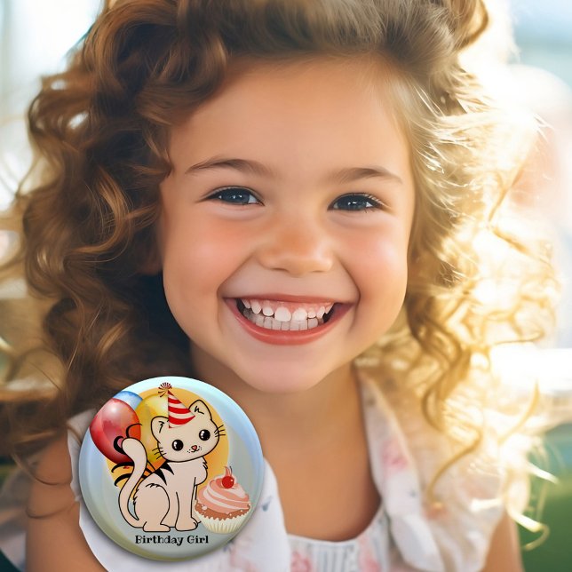 Cute Colorful Kitty Birthday Button (Cute kitty festive birthday button featuring a kitten with balloons and a cupcake - birthday girl)