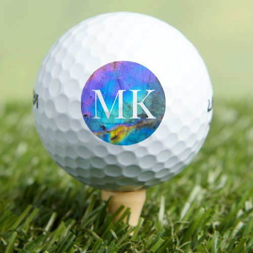 Cute Colorful Labradorite Crystal Initial Monogram Golf Balls