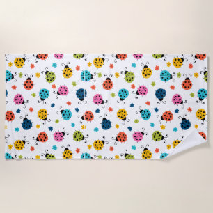 Cute Colorful Ladybugs White Pattern Beach Towel