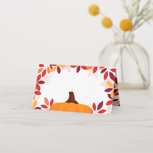 Cute Colorful Leaves Pumpkin Frame Place Card (Front)