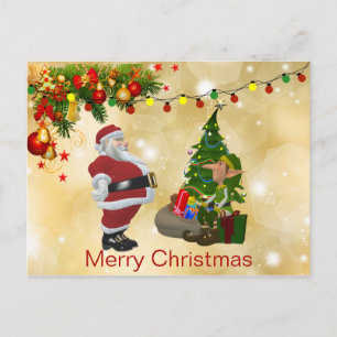Cute, Colorful Lights, Santa Claus, Elf, Christmas Postcard