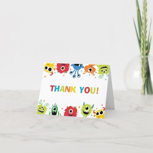 Cute Colorful Little Monsters Boy Birthday Tent Thank You Card
