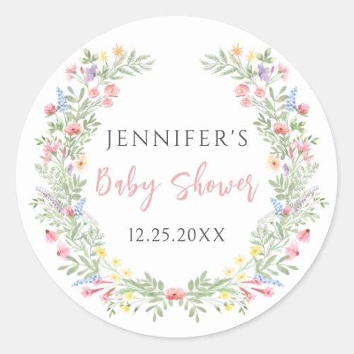 Cute colorful little wildflower baby girl shower classic round sticker