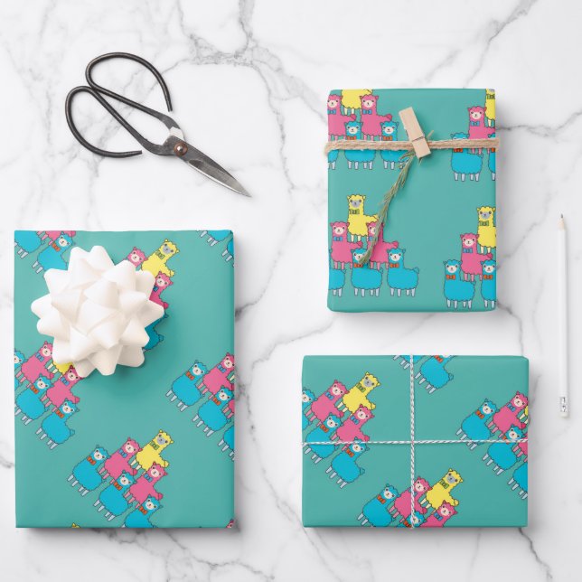 Cute colorful llama alpaca animals teal wrapping paper sheets (Front)