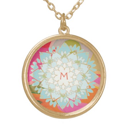 Cute Colorful Lotus Flower Monogram Gold Plated Necklace