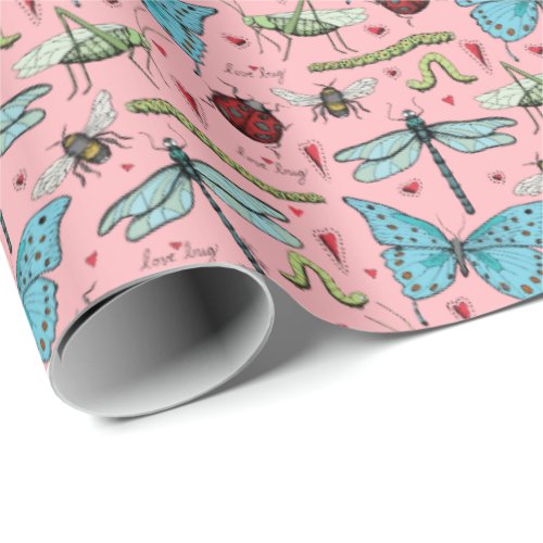 Cute Colorful Love Bug Insects Pink Wrapping Paper