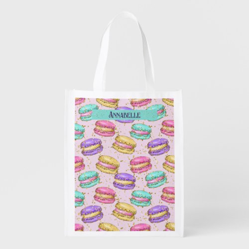 Cute Colorful Macaron Cookies Faux Glitter Name Grocery Bag