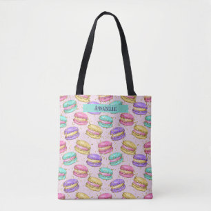 Cute Colorful Macaron Cookies Faux Glitter Name Tote Bag