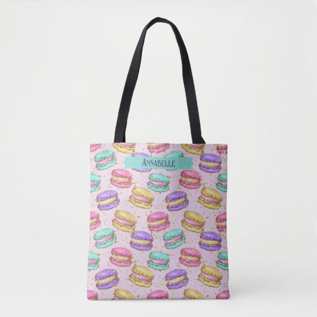 Cute Colorful Macaron Cookies Faux Glitter Name Tote Bag (Front)