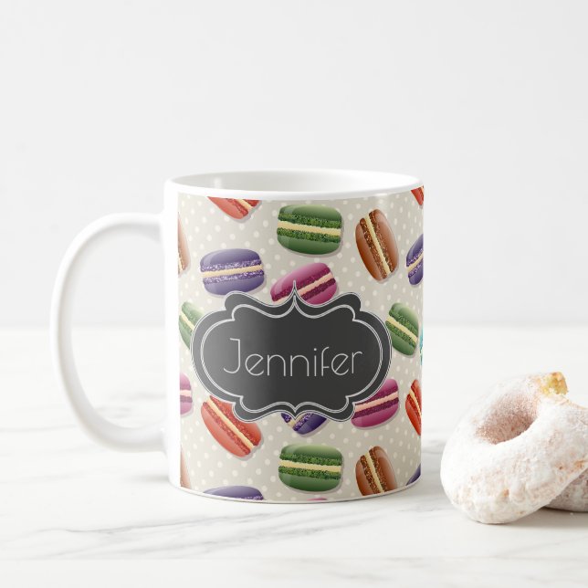 Cute Colorful Macarons Pattern with Polka Dots Coffee Mug (With Donut)