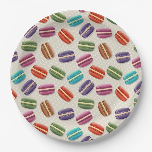 Cute Colorful Macarons Pattern with Polka Dots Paper Plates (Front)