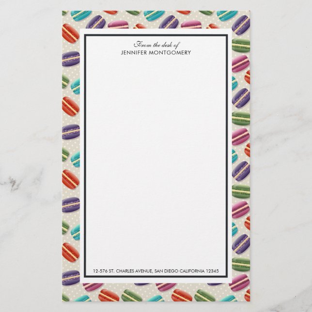 Cute Colorful Macarons Pattern with Polka Dots Stationery (Front)