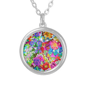 Cute colorful magic flowers silver plated necklace