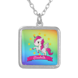 Cute Colorful Magical Unicorn Kids Name Silver Plated Necklace