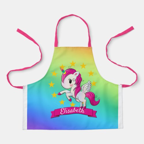 Cute Colorful Magical Unicorn Rainbow Kids Name Apron