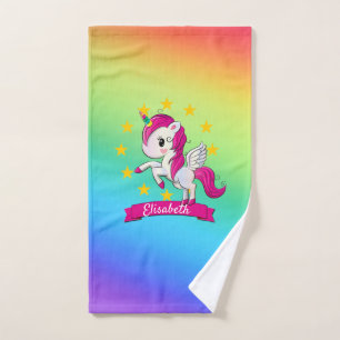 Cute Colorful Magical Unicorn Rainbow Kids Name Bath Towel Set
