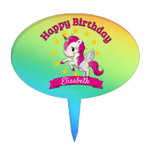 Cute Colorful Magical Unicorn Rainbow Kids Name Cake Topper