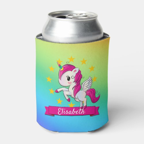 Cute Colorful Magical Unicorn Rainbow Kids Name Can Cooler