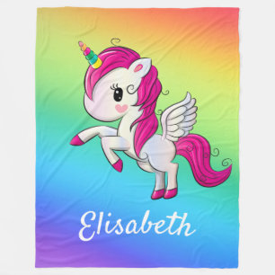 Cute Colorful Magical Unicorn Rainbow Kids Name Fleece Blanket