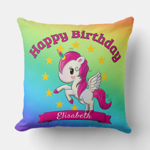 Cute Colorful Magical Unicorn Rainbow Kids Name Throw Pillow