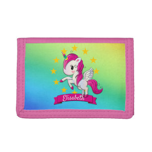 Cute Colorful Magical Unicorn Rainbow Kids Name Tri-fold Wallet