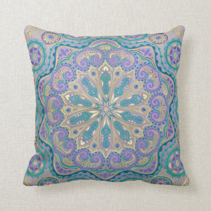 Cute Colorful Mandala In Purple Blue and Gold Throw Pillow