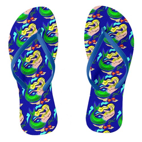 Cute Colorful Mermaid Dreams Blue Flip Flops