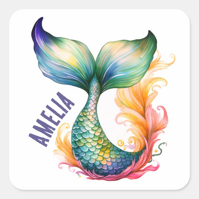 Cute Colorful Mermaid Ocean Girl Name  Square Sticker (Front)