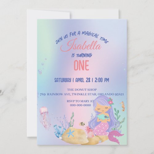 Cute Colorful mermaid Rainbow Birthday party kids Invitation