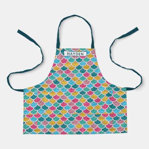 Cute Colorful Mermaid Scales Monogram Name Apron