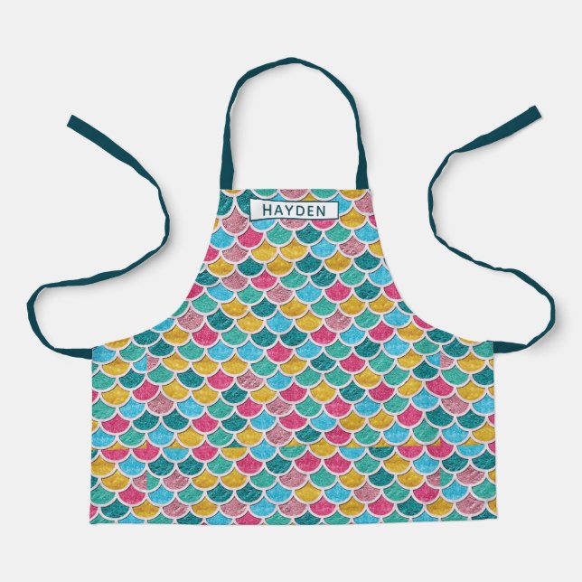 Cute Colorful Mermaid Scales Monogram Name Apron (Front)