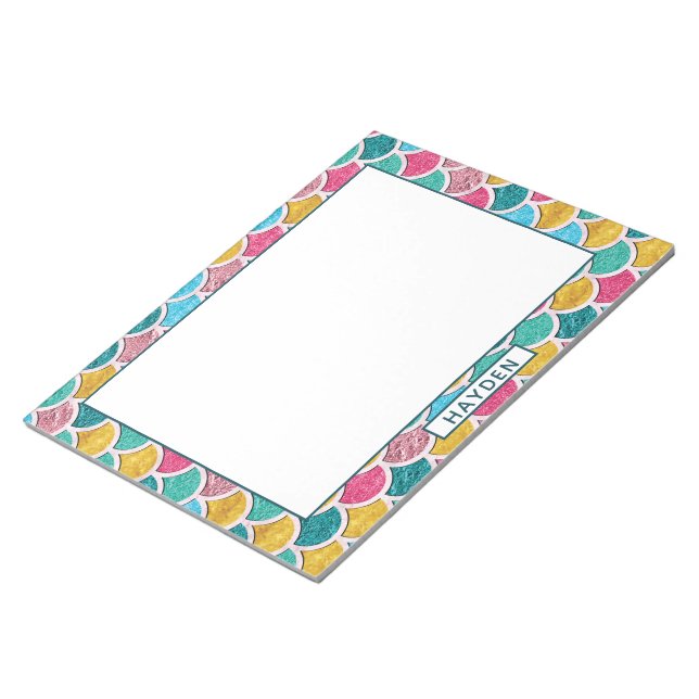 Cute Colorful Mermaid Scales Monogram Notepad (Angled)