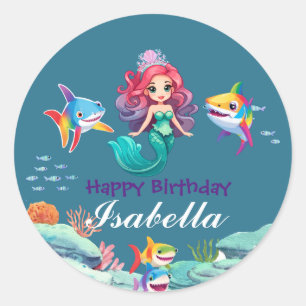 Cute Colorful mermaid shark rainbow Birthday kids Classic Round Sticker
