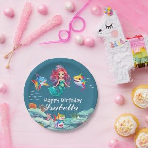 Cute Colorful mermaid shark rainbow Birthday kids Paper Plates