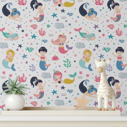 Cute Colorful Mermaids Modern Girls Kids Pattern Wallpaper