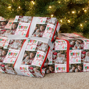 Cute Colorful Merry Christmas 2 Photo Grid Wrapping Paper