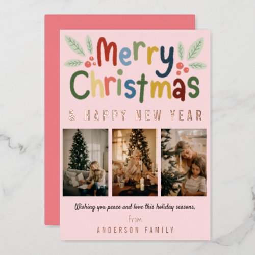 Cute Colorful Merry Christmas Family Photo Pink Foil Holiday Card
