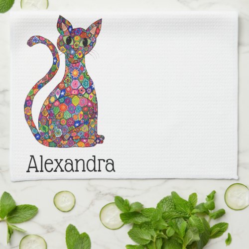 Cute Colorful Millefiori Cat Monogram Name Kitchen Towel