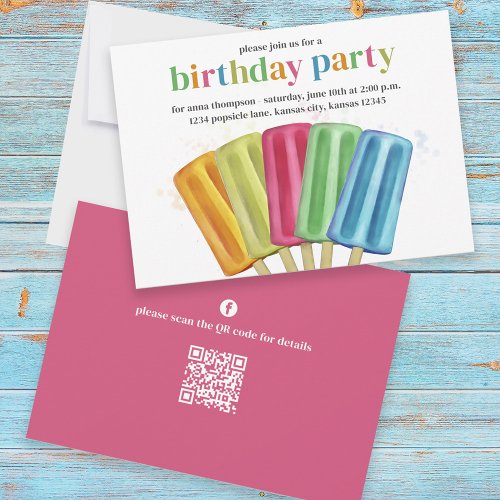 Cute Colorful Modern Birthday Popsicles QR Code Invitation