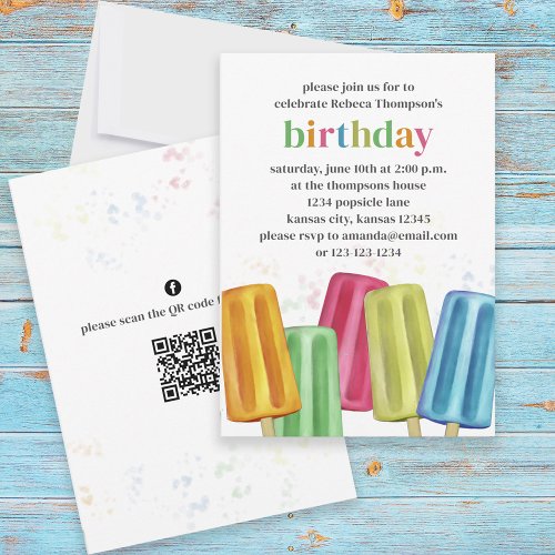 Cute Colorful Modern Birthday Popsicles QR Code Invitation