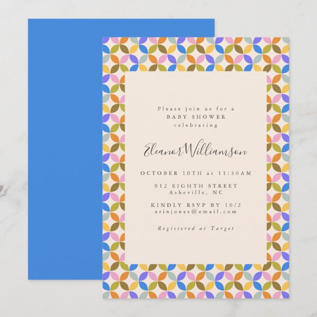 Cute Colorful Modern Blue Geometric Baby Shower Invitation (Front/Back)