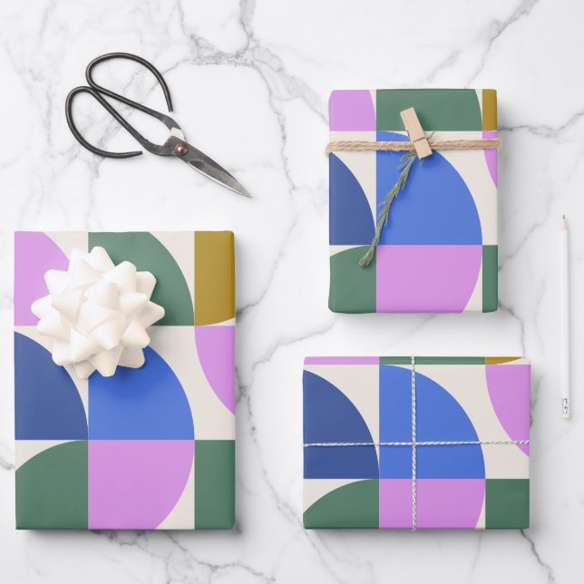 Cute Colorful Modern Geometric Shapes Pattern Blue Wrapping Paper Sheets (Front)