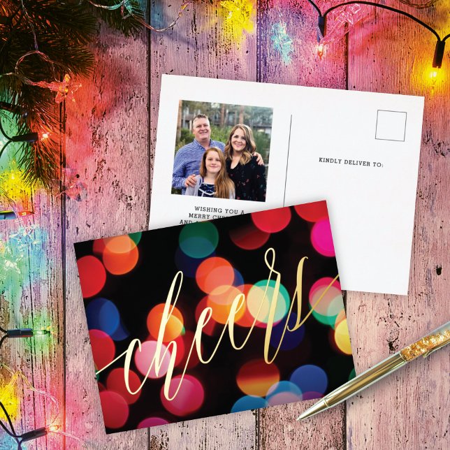 Cute Colorful Modern Lights Gold Photo Foil Holiday Postcard (Creator Uploaded)