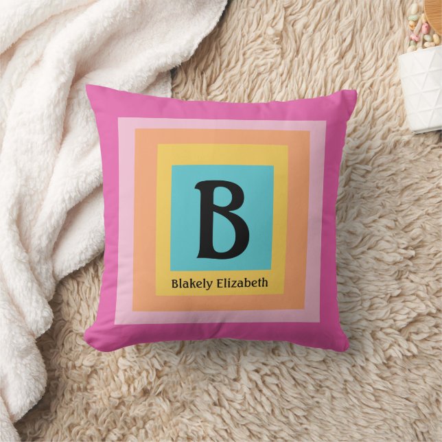 Cute & Colorful Monogram Letter Name Girly Fun Throw Pillow (Blanket)