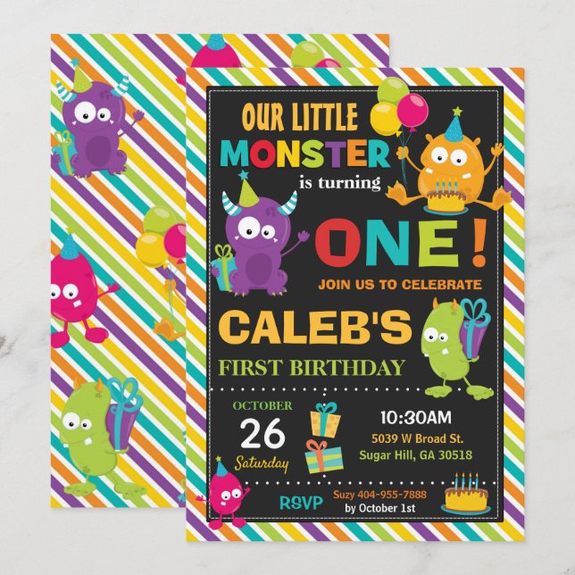 Cute Colorful Monster 1st Birthday Party Vibrant Invitation (Front/Back)
