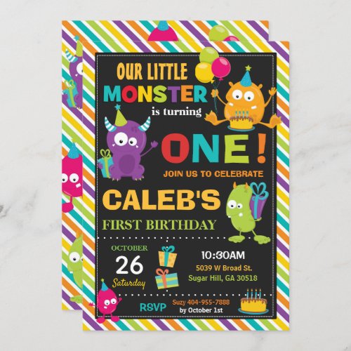 Cute Colorful Monster 1st Birthday Party Vibrant Invitation