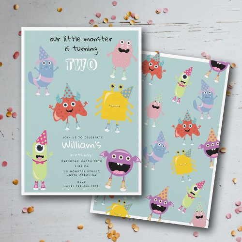 Cute Colorful Monsters Blue Boys Birthday Party Invitation